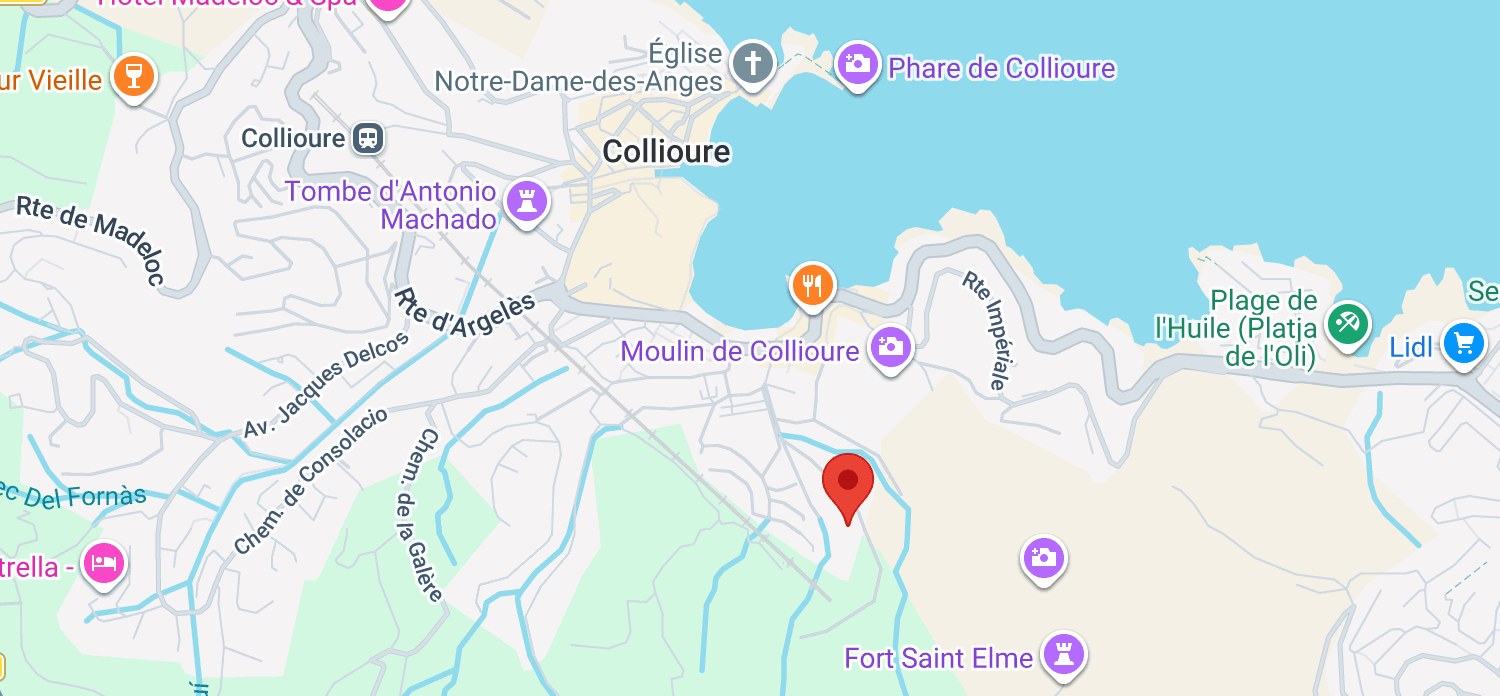 Carte de localisation de Love Collioure — 20 chemin Saint-Elme à Collioure, entre le village et le Fort Saint-Elme, à 300 m de la plage