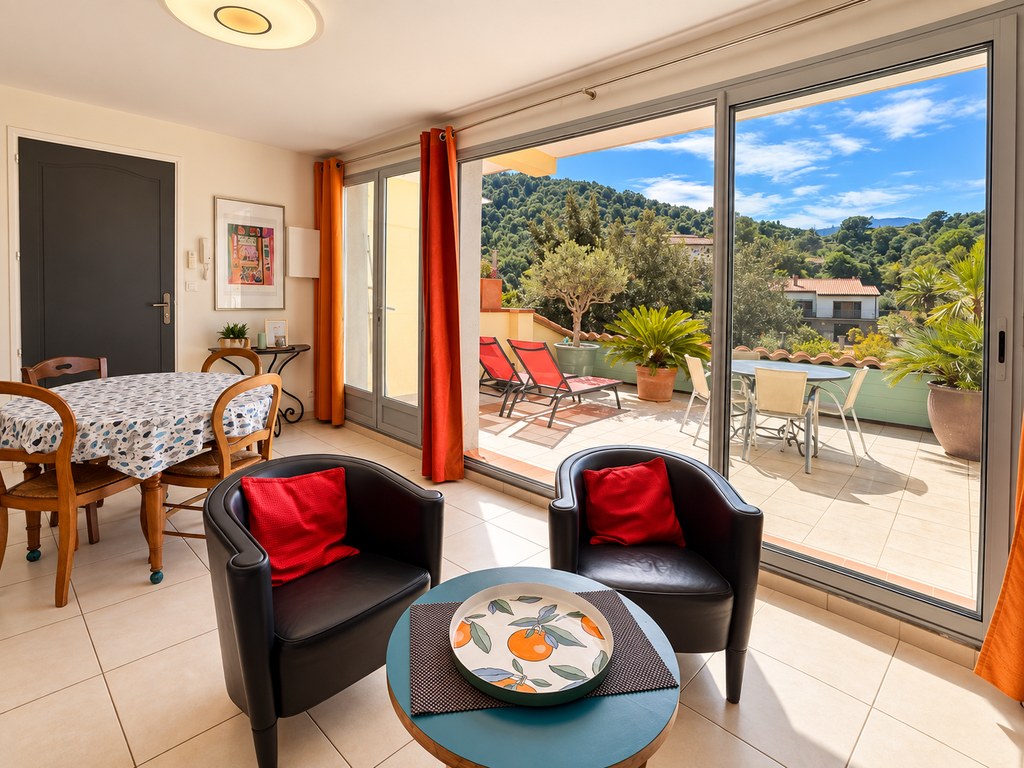 Séjour avec coin repas et fauteuils, ouvert sur la terrasse par une baie vitrée