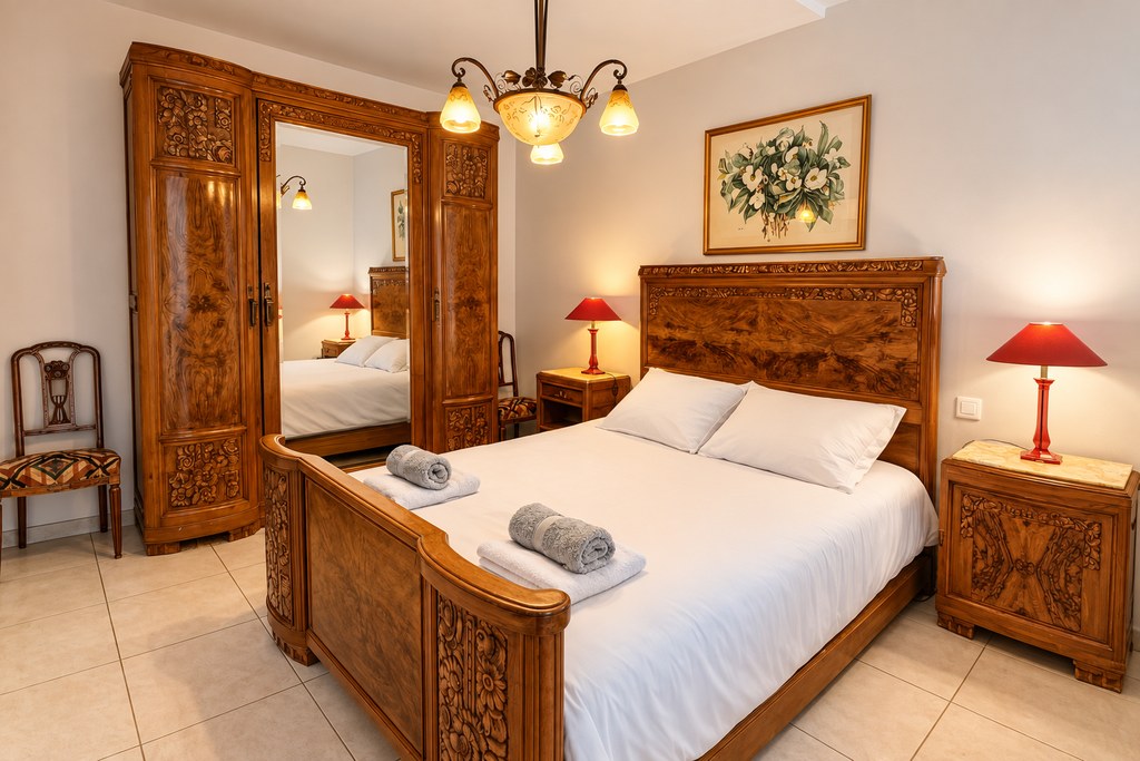 Chambre avec lit double et armoire ancienne
