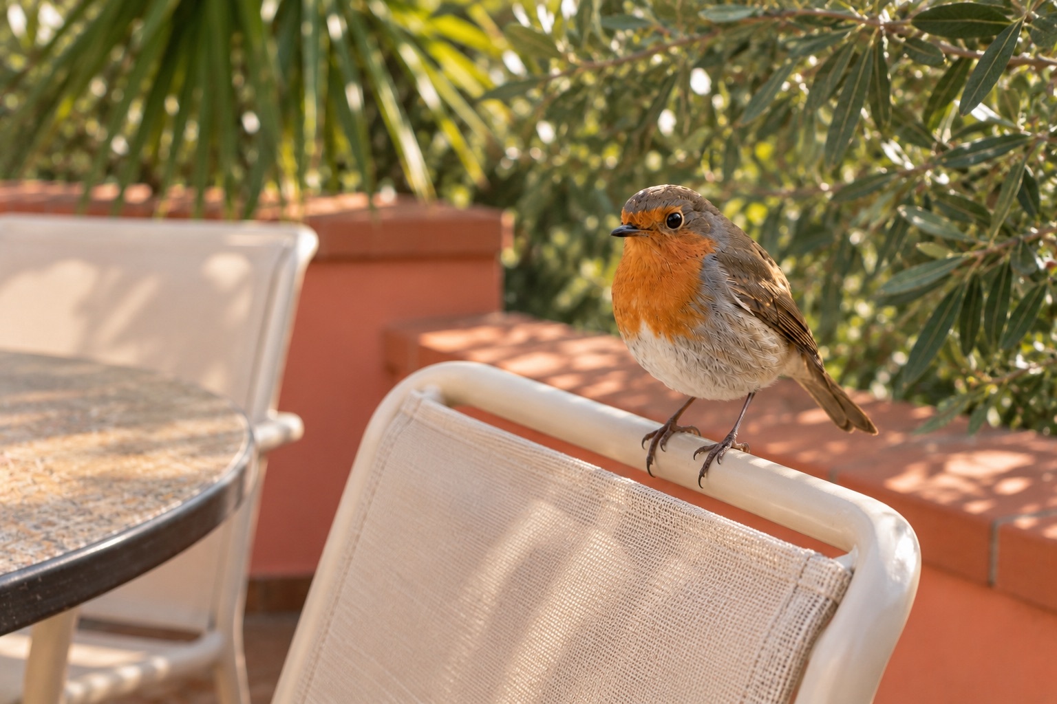 Un rouge-gorge sur une chaise de terrasse, au soleil